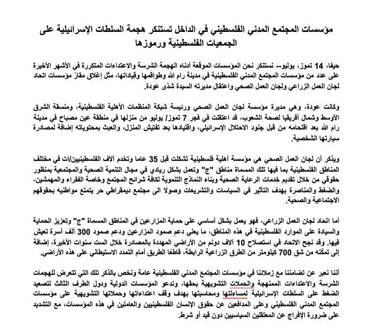 مؤسسات المجتمع المدني الفلسطيني في الداخل تستنكر هجمة السلطات الإسرائيلية على الجمعيات الفلسطينية ورموزها